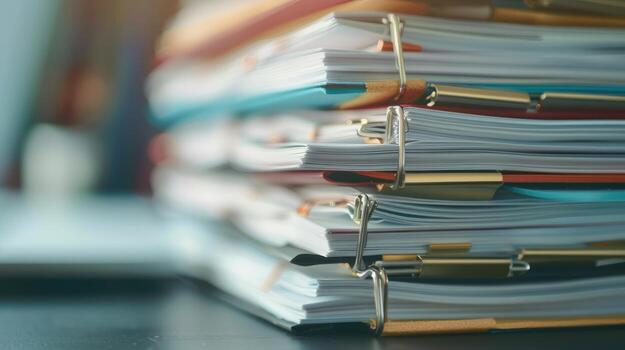 ai generated extreme close up of stacked office documents held together by a paper clip folder ai generated photo ai generated extreme close up of stacked office documents held together by a paper clip folder ai generated photo